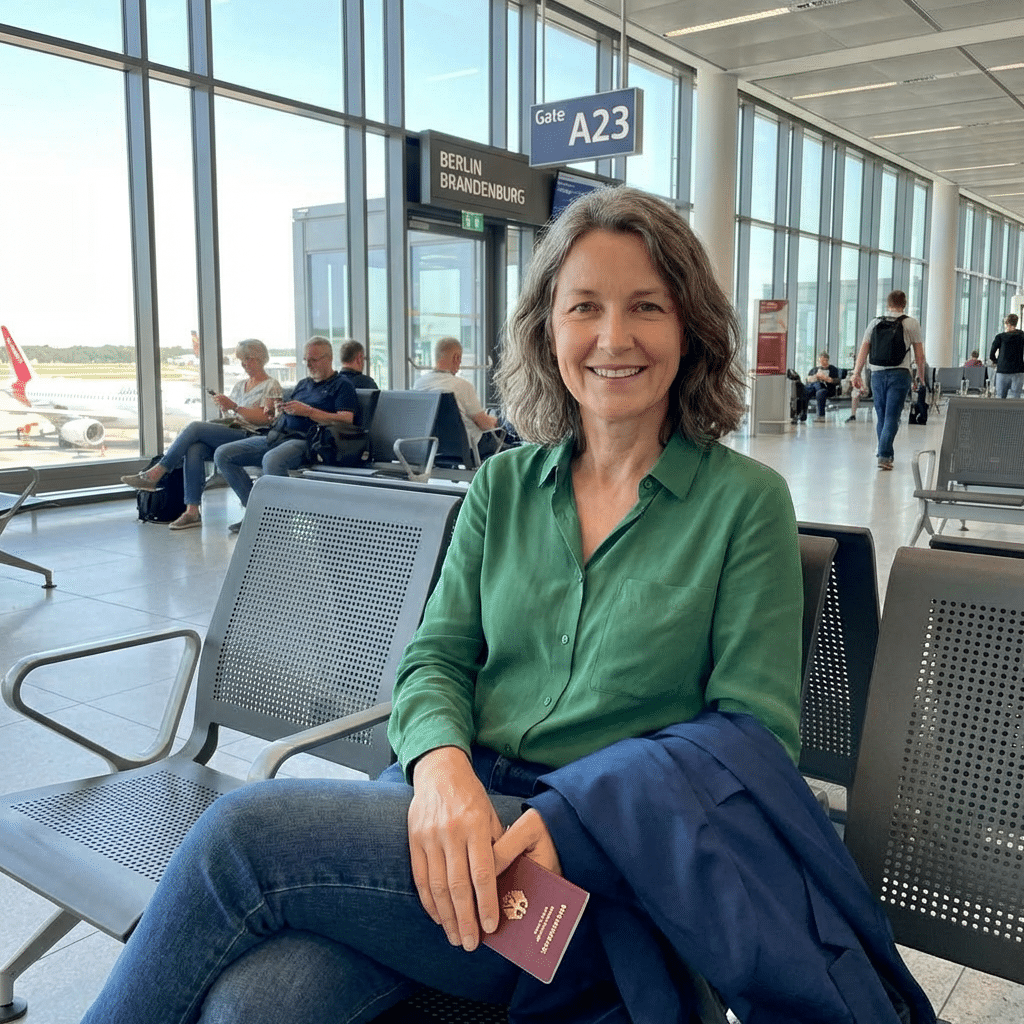 Frau am Flughafen BER mit Pass - ADV #143