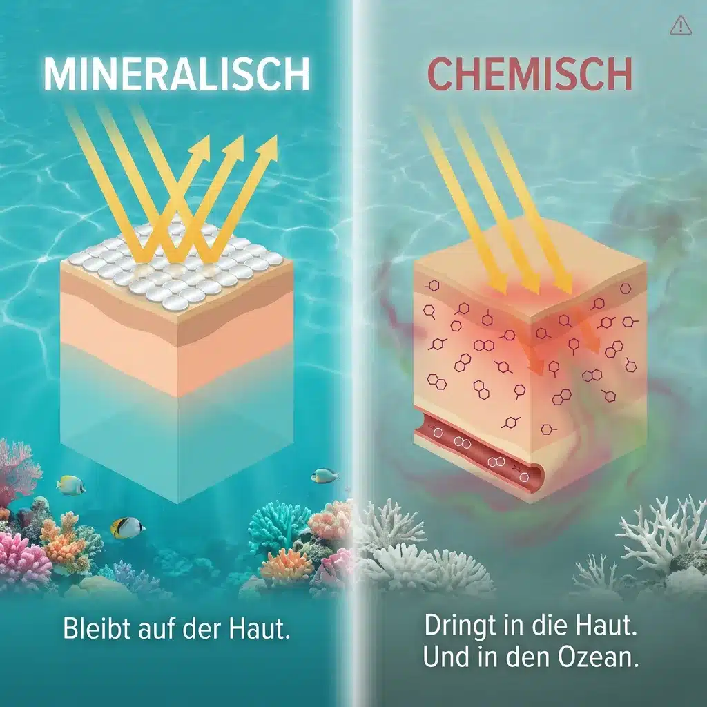 Diagramm: Mineralische vs. chemische UV-Filter – Wirkweise im Vergleich